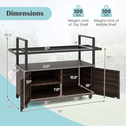 Outdoor Bar Cart Wicker Buffet Serving Cart with Cabinet and 8 Hooks-Brown - Brown - Camping Furniture