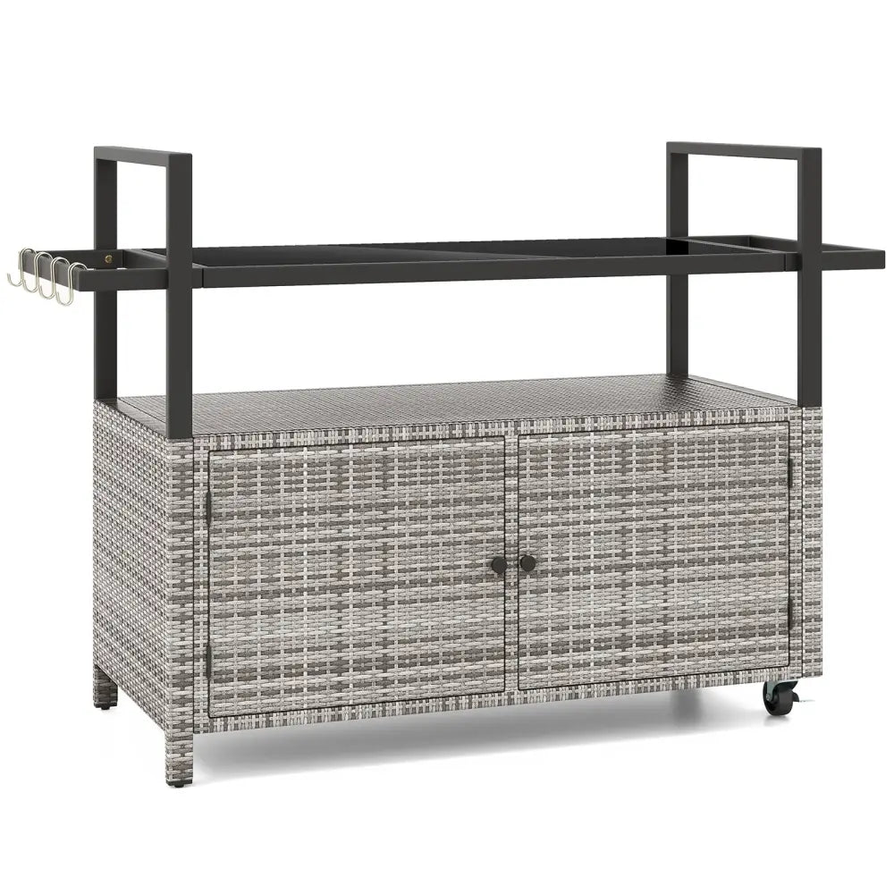 Outdoor Bar Cart Wicker Buffet Serving Cart with Cabinet and 8 Hooks-Gray - Gray - Camping Furniture