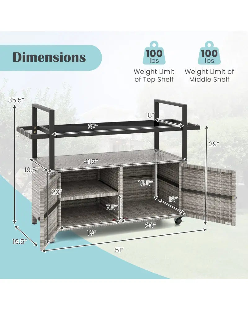 Outdoor Bar Cart Wicker Buffet Serving Cart with Cabinet and 8 Hooks-Gray - Gray - Camping Furniture