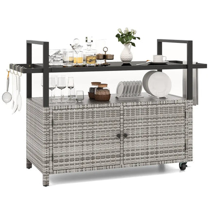 Outdoor Bar Cart Wicker Buffet Serving Cart with Cabinet and 8 Hooks-Gray - Gray - Camping Furniture