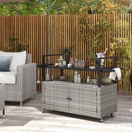 Outdoor Bar Cart Wicker Buffet Serving Cart with Cabinet and 8 Hooks-Gray - Gray - Camping Furniture