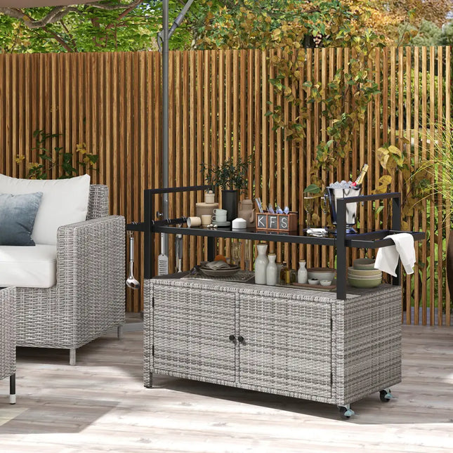 Outdoor Bar Cart Wicker Buffet Serving Cart with Cabinet and 8 Hooks-Gray - Gray - Camping Furniture