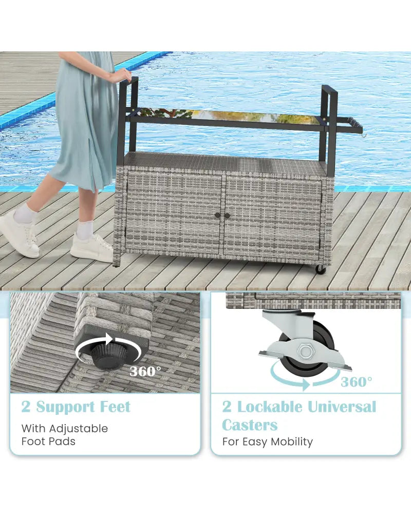 Outdoor Bar Cart Wicker Buffet Serving Cart with Cabinet and 8 Hooks-Gray - Gray - Camping Furniture