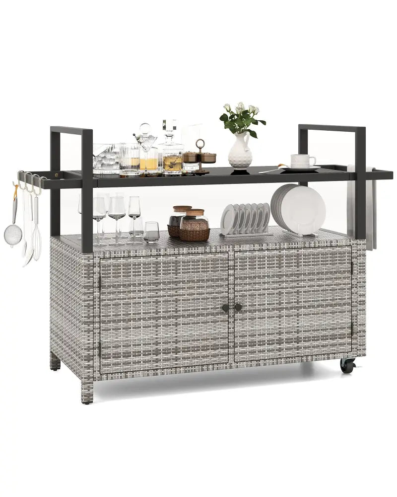 Outdoor Bar Cart Wicker Buffet Serving Cart with Cabinet and 8 Hooks-Gray - Gray - Camping Furniture