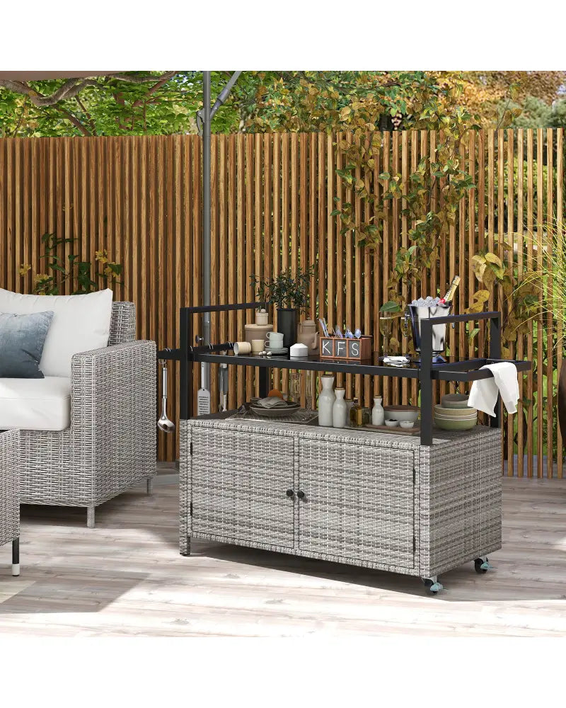 Outdoor Bar Cart Wicker Buffet Serving Cart with Cabinet and 8 Hooks-Gray - Gray - Camping Furniture