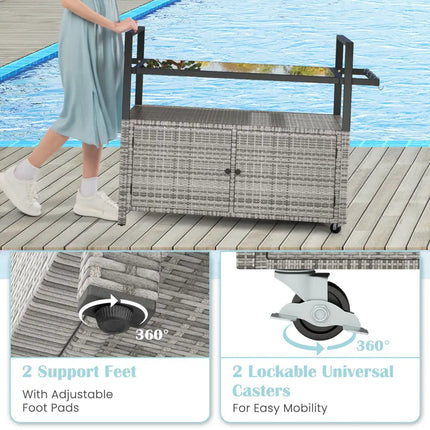 Outdoor Bar Cart Wicker Buffet Serving Cart with Cabinet and 8 Hooks-Gray - Gray - Camping Furniture