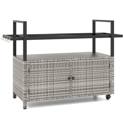 Outdoor Bar Cart Wicker Buffet Serving Cart with Cabinet and 8 Hooks-Gray - Gray - Camping Furniture