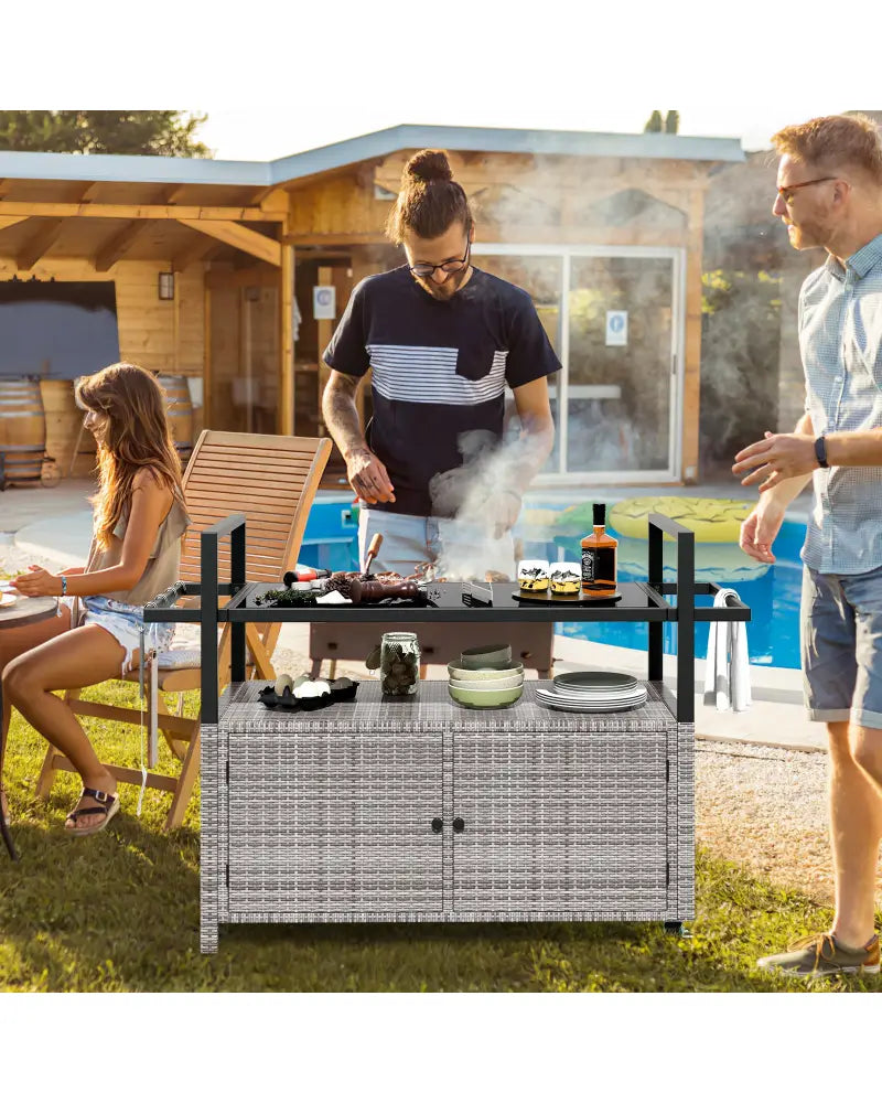 Outdoor Bar Cart Wicker Buffet Serving Cart with Cabinet and 8 Hooks-Gray - Gray - Camping Furniture
