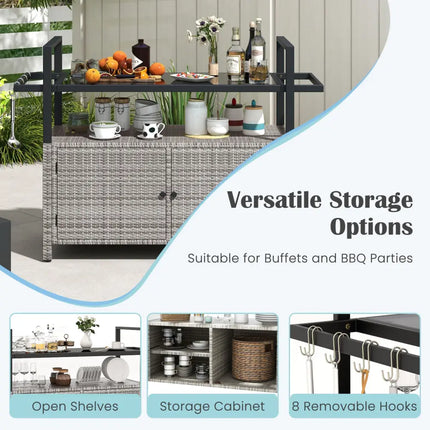 Outdoor Bar Cart Wicker Buffet Serving Cart with Cabinet and 8 Hooks-Gray - Gray - Camping Furniture