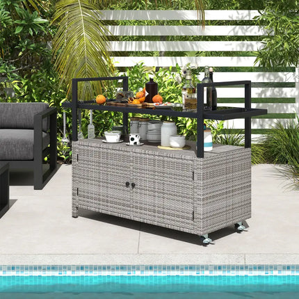 Outdoor Bar Cart Wicker Buffet Serving Cart with Cabinet and 8 Hooks-Gray - Gray - Camping Furniture
