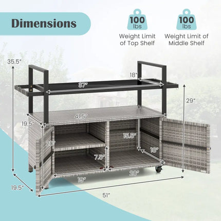 Outdoor Bar Cart Wicker Buffet Serving Cart with Cabinet and 8 Hooks-Gray - Gray - Camping Furniture