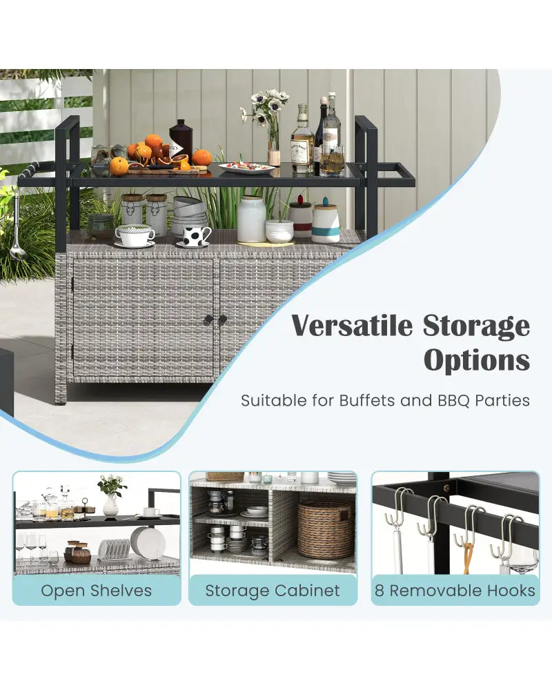 Outdoor Bar Cart Wicker Buffet Serving Cart with Cabinet and 8 Hooks-Gray - Gray - Camping Furniture