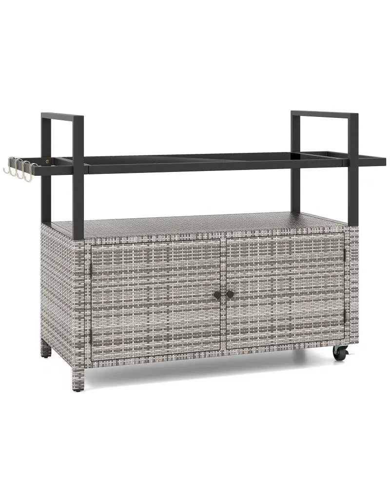 Outdoor Bar Cart Wicker Buffet Serving Cart with Cabinet and 8 Hooks-Gray - Gray - Camping Furniture
