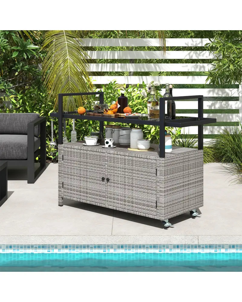 Outdoor Bar Cart Wicker Buffet Serving Cart with Cabinet and 8 Hooks-Gray - Gray - Camping Furniture