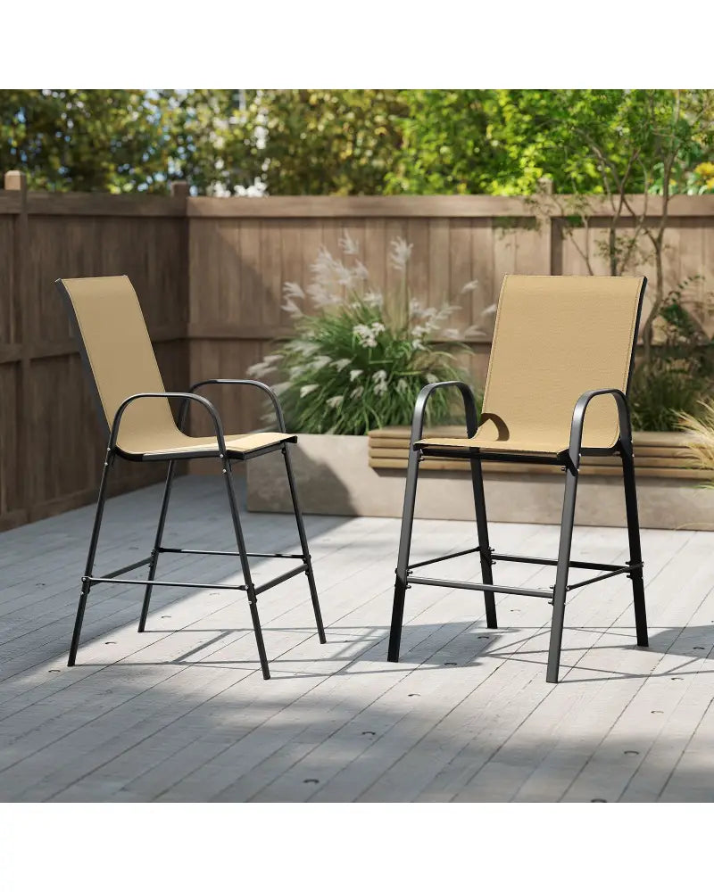Outdoor Bar Stools Set of 2 29 Inch Fabric Bar Height Stools with Armrests-Beige - Beige - Patio Bar Furniture