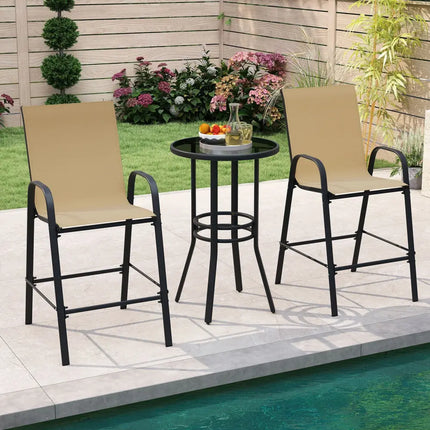 Outdoor Bar Stools Set of 2 29 Inch Fabric Bar Height Stools with Armrests-Beige - Beige - Patio Bar Furniture