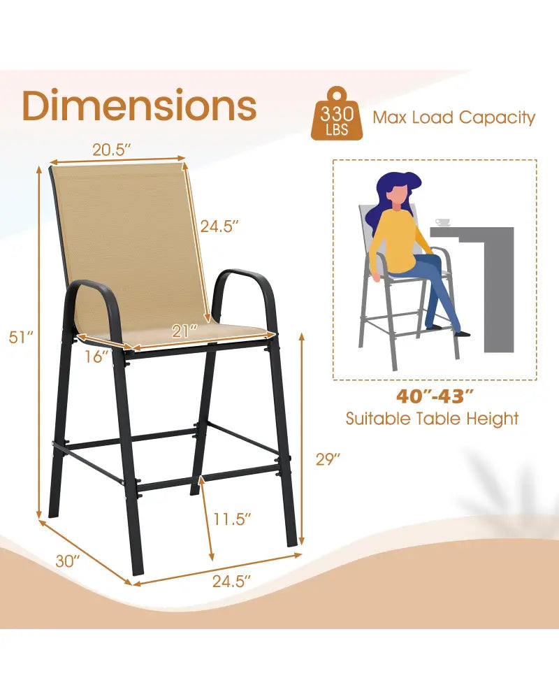 Outdoor Bar Stools Set of 2 29 Inch Fabric Bar Height Stools with Armrests-Beige - Beige - Patio Bar Furniture