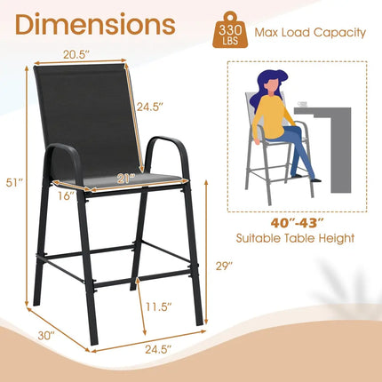 Outdoor Bar Stools Set of 2 29 Inch Fabric Bar Height Stools with Armrests-Black - Black - Patio Bar Furniture