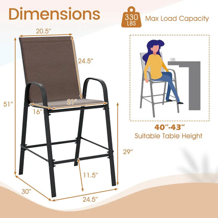 Outdoor Bar Stools Set of 2 29 Inch Fabric Bar Height Stools with Armrests-Brown - Brown - Patio Bar Furniture