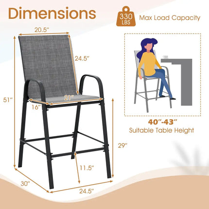 Outdoor Bar Stools Set of 2 29 Inch Fabric Bar Height Stools with Armrests-Grey - Gray - Patio Bar Furniture