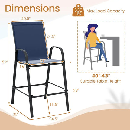 Outdoor Bar Stools Set of 2 29 Inch Fabric Bar Height Stools with Armrests-Navy - Navy - Patio Bar Furniture