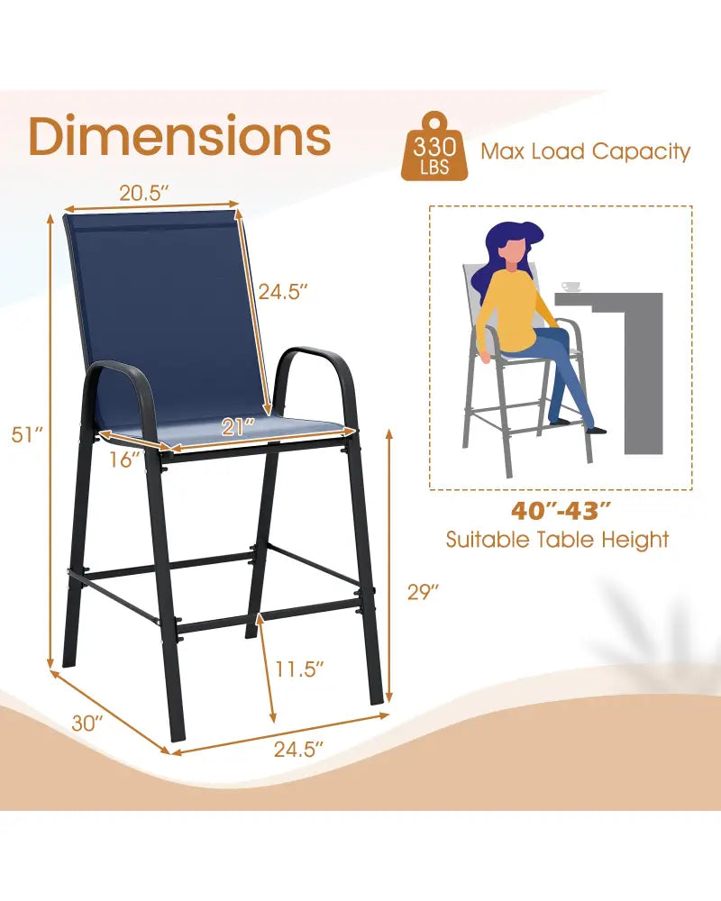 Outdoor Bar Stools Set of 2 29 Inch Fabric Bar Height Stools with Armrests-Navy - Navy - Patio Bar Furniture