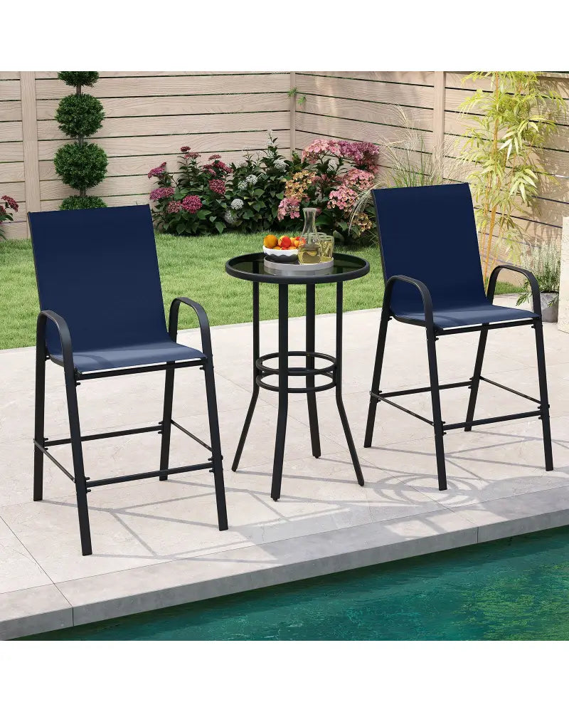 Outdoor Bar Stools Set of 2 29 Inch Fabric Bar Height Stools with Armrests-Navy - Navy - Patio Bar Furniture