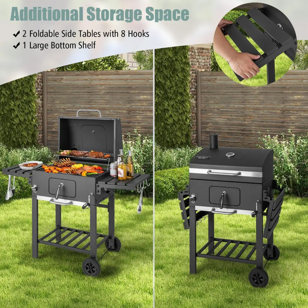 Outdoor BBQ Charcoal Grill with 2 Foldable Side Table and Wheels - Black - Outdoor Grills
