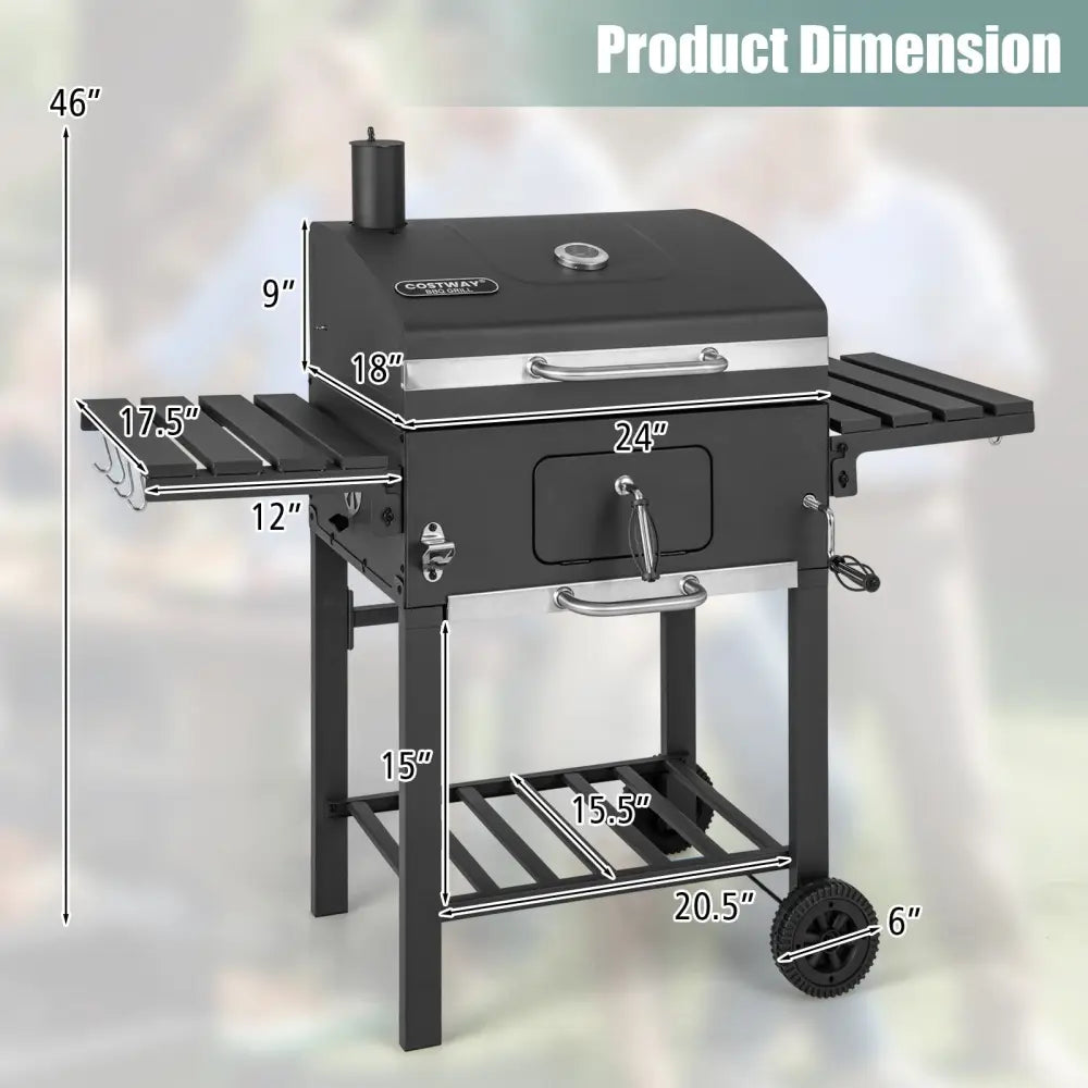 Outdoor BBQ Charcoal Grill with 2 Foldable Side Table and Wheels - Black - Outdoor Grills