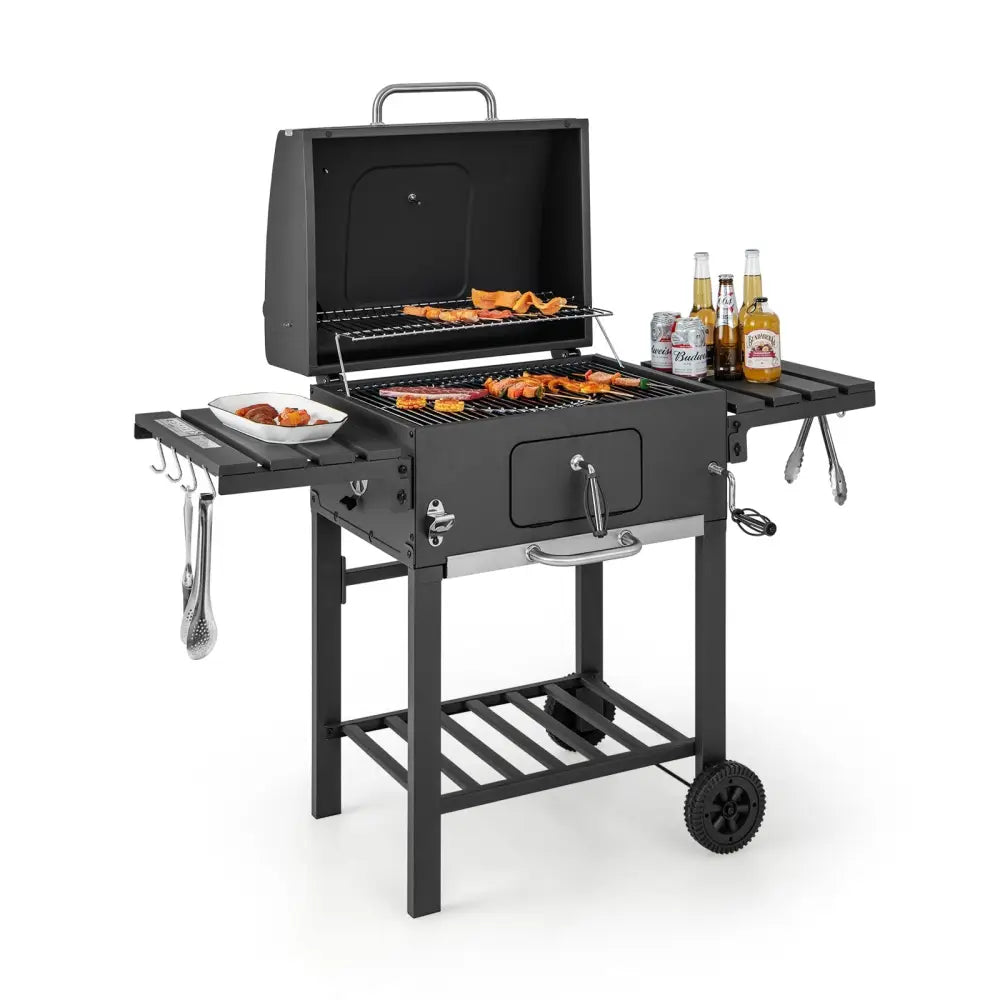 Outdoor BBQ Charcoal Grill with 2 Foldable Side Table and Wheels - Black - Outdoor Grills