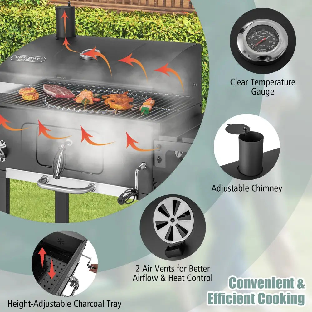 Outdoor BBQ Charcoal Grill with 2 Foldable Side Table and Wheels - Black - Outdoor Grills