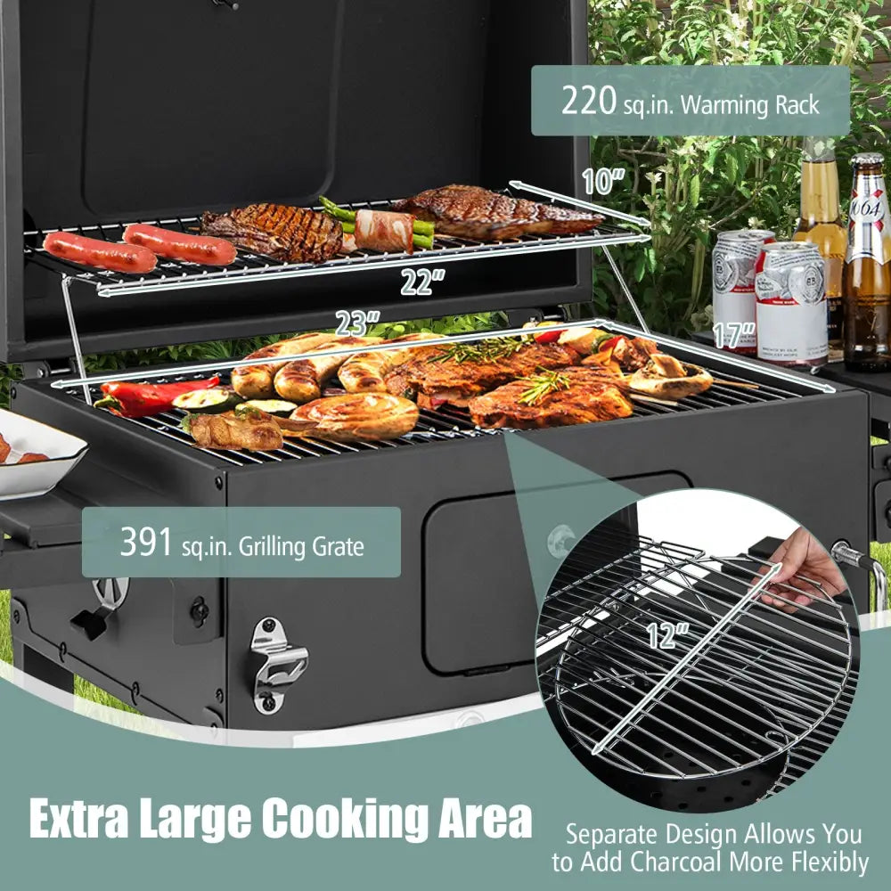 Outdoor BBQ Charcoal Grill with 2 Foldable Side Table and Wheels - Black - Outdoor Grills