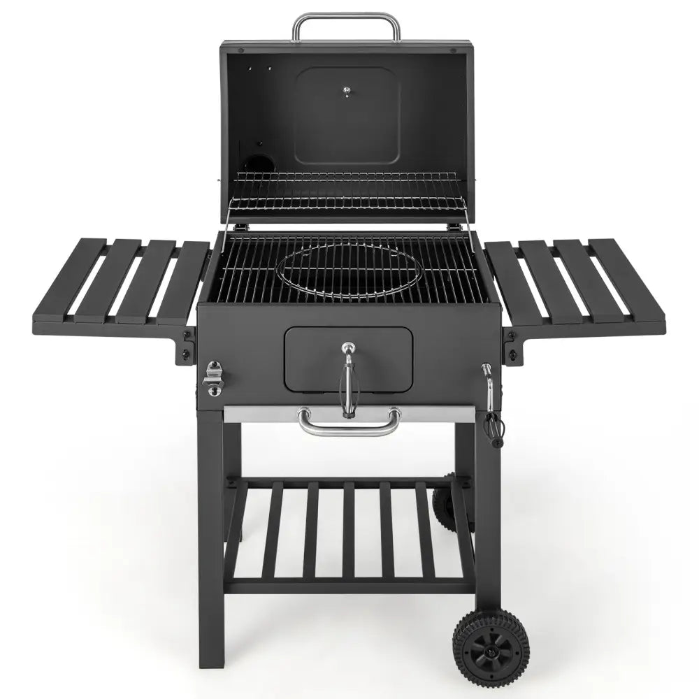 Outdoor BBQ Charcoal Grill with 2 Foldable Side Table and Wheels - Black - Outdoor Grills