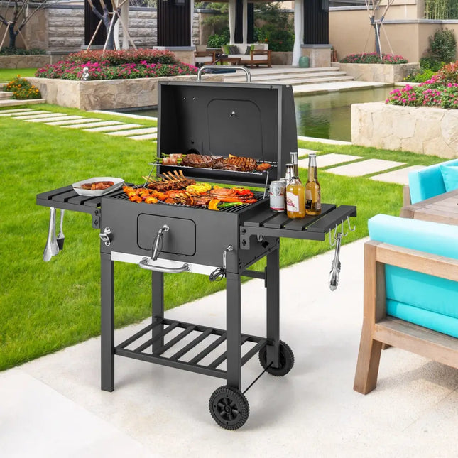 Outdoor BBQ Charcoal Grill with 2 Foldable Side Table and Wheels - Black - Outdoor Grills