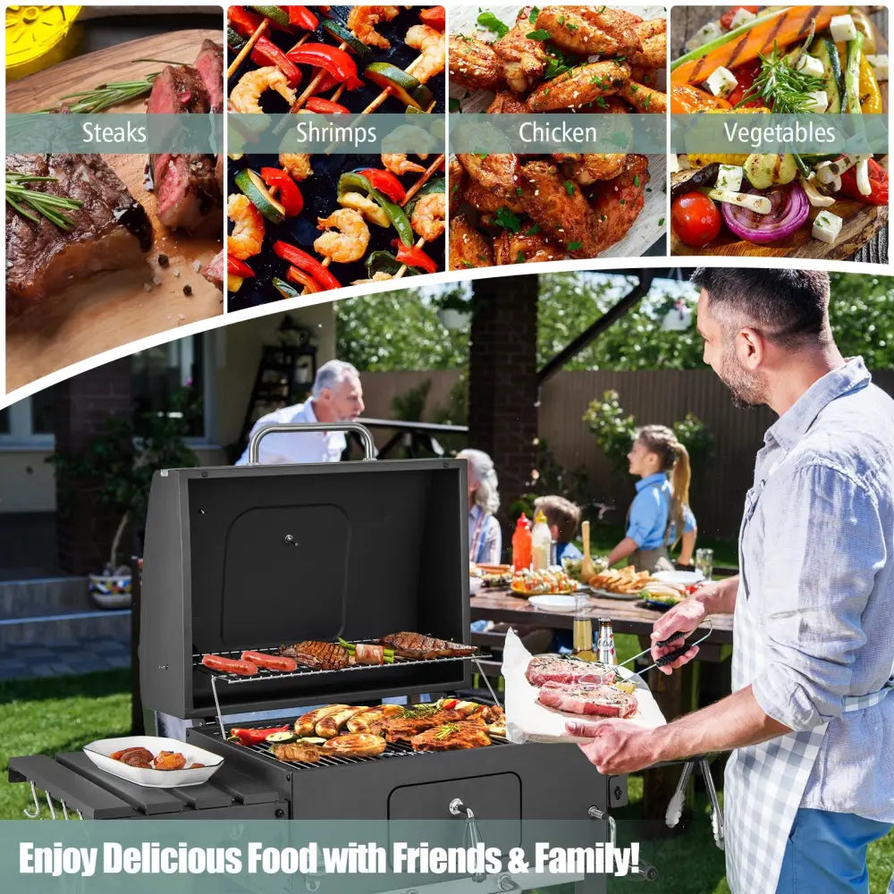 Outdoor BBQ Charcoal Grill with 2 Foldable Side Table and Wheels - Black - Outdoor Grills
