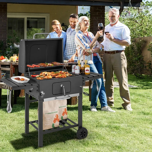 Outdoor BBQ Charcoal Grill with 2 Foldable Side Table and Wheels - Black - Outdoor Grills
