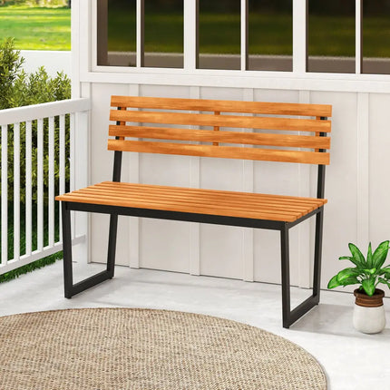Outdoor Bench Acacia Wood Patio Loveseat with Backrest and Heavy Duty Metal Frame - Outdoor Benches
