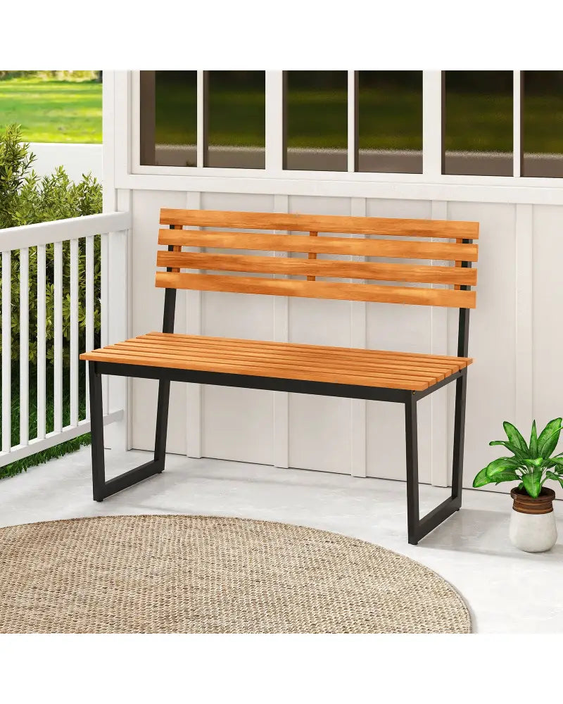 Outdoor Bench Acacia Wood Patio Loveseat with Backrest and Heavy Duty Metal Frame - Outdoor Benches