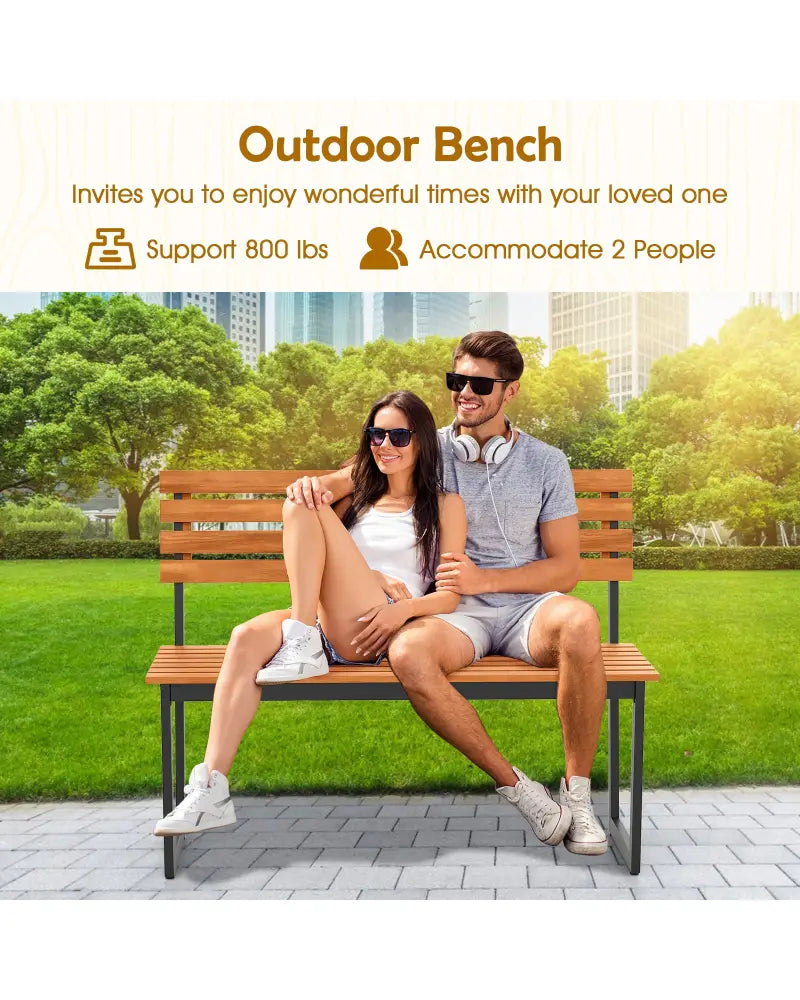 Outdoor Bench Acacia Wood Patio Loveseat with Backrest and Heavy Duty Metal Frame - Outdoor Benches