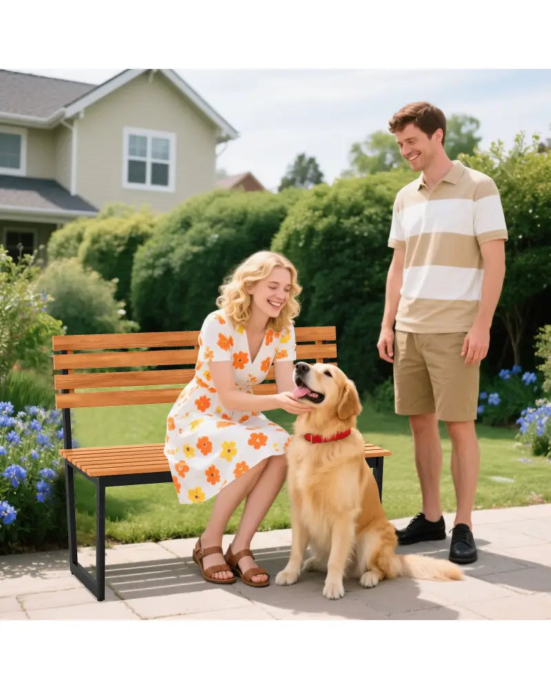 Outdoor Bench Acacia Wood Patio Loveseat with Backrest and Heavy Duty Metal Frame - Outdoor Benches