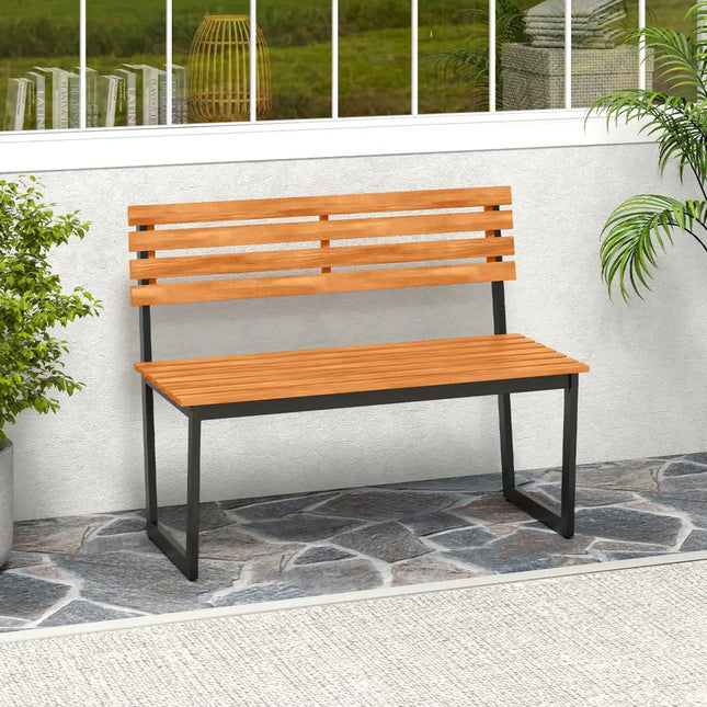 Outdoor Bench Acacia Wood Patio Loveseat with Backrest and Heavy Duty Metal Frame - Outdoor Benches