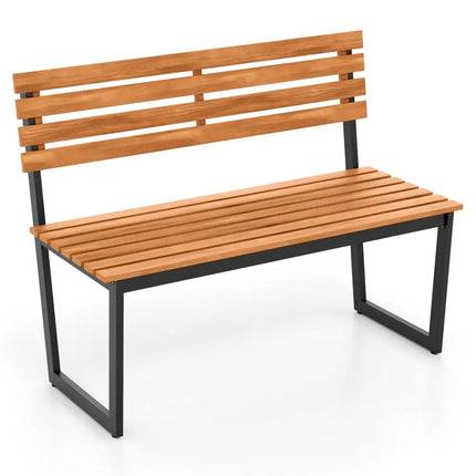 Outdoor Bench Acacia Wood Patio Loveseat with Backrest and Heavy Duty Metal Frame - Outdoor Benches