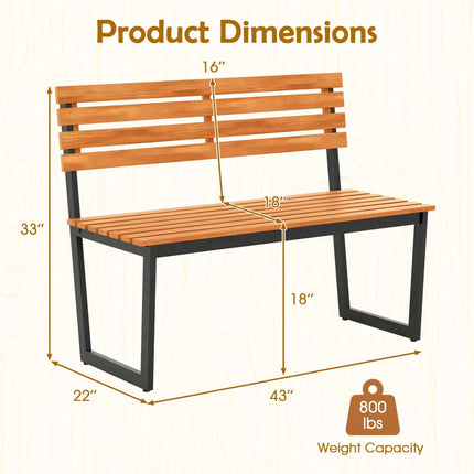 Outdoor Bench Acacia Wood Patio Loveseat with Backrest and Heavy Duty Metal Frame - Outdoor Benches
