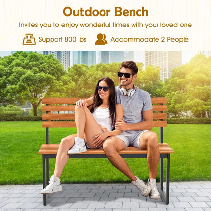 Outdoor Bench Acacia Wood Patio Loveseat with Backrest and Heavy Duty Metal Frame - Outdoor Benches