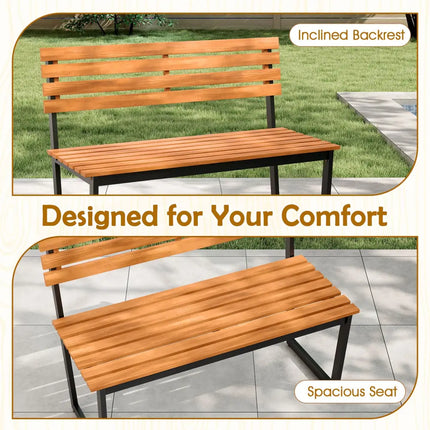 Outdoor Bench Acacia Wood Patio Loveseat with Backrest and Heavy Duty Metal Frame - Outdoor Benches