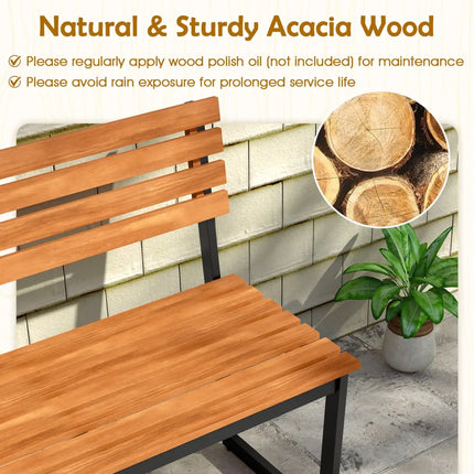 Outdoor Bench Acacia Wood Patio Loveseat with Backrest and Heavy Duty Metal Frame - Outdoor Benches