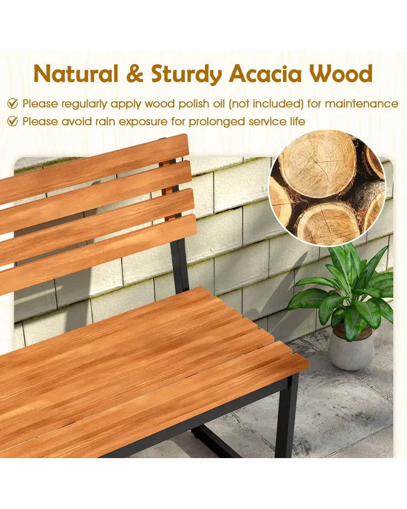 Outdoor Bench Acacia Wood Patio Loveseat with Backrest and Heavy Duty Metal Frame - Outdoor Benches