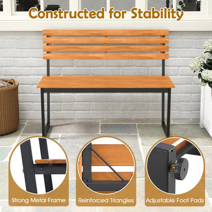 Outdoor Bench Acacia Wood Patio Loveseat with Backrest and Heavy Duty Metal Frame - Outdoor Benches