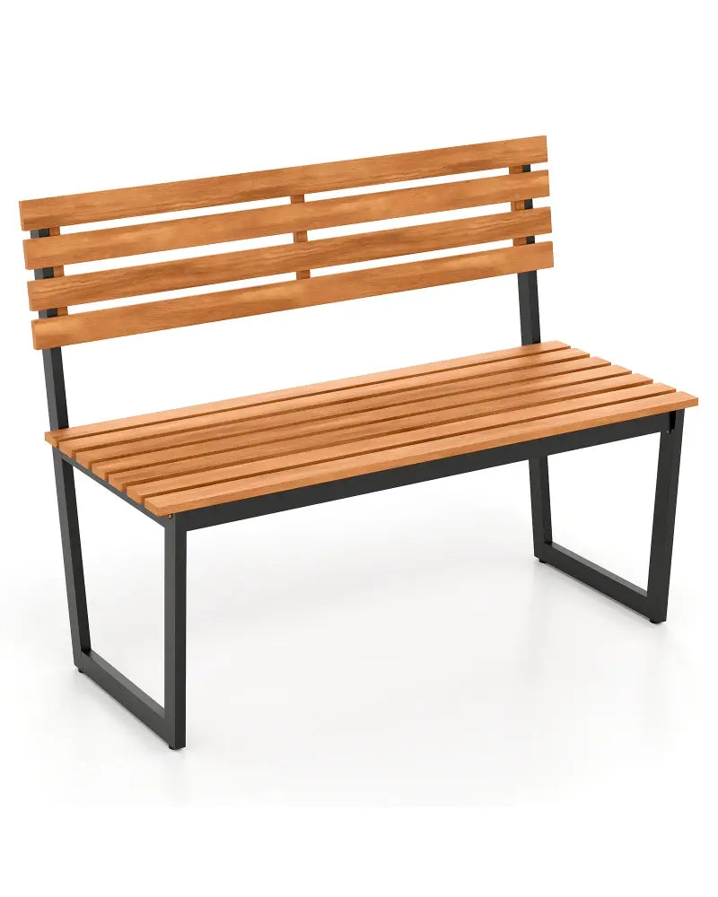 Outdoor Bench Acacia Wood Patio Loveseat with Backrest and Heavy Duty Metal Frame - Outdoor Benches