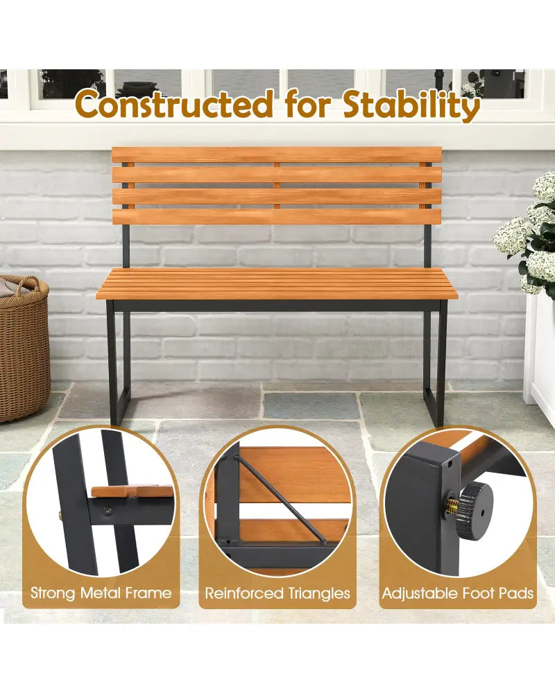 Outdoor Bench Acacia Wood Patio Loveseat with Backrest and Heavy Duty Metal Frame - Outdoor Benches